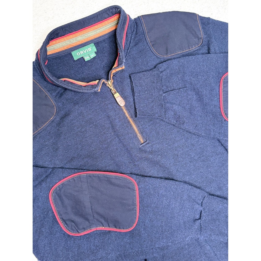 Orvis Mens XXL Merino Wool Quarter Zip Sweater Navy Shooting Shoulder ElbowPatch